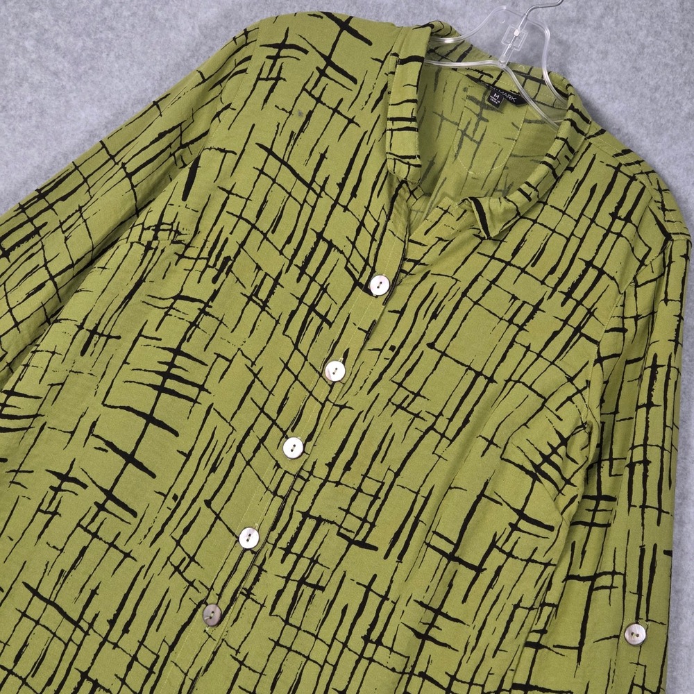 John Mark Women Medium Button Front Blouse Green Abstract Rayon Blend